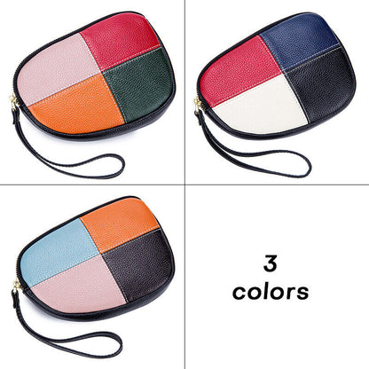 Womens Leather Hand Collar Bag Zipper Contrast Color Cowhide Phone Clutch Wallet
