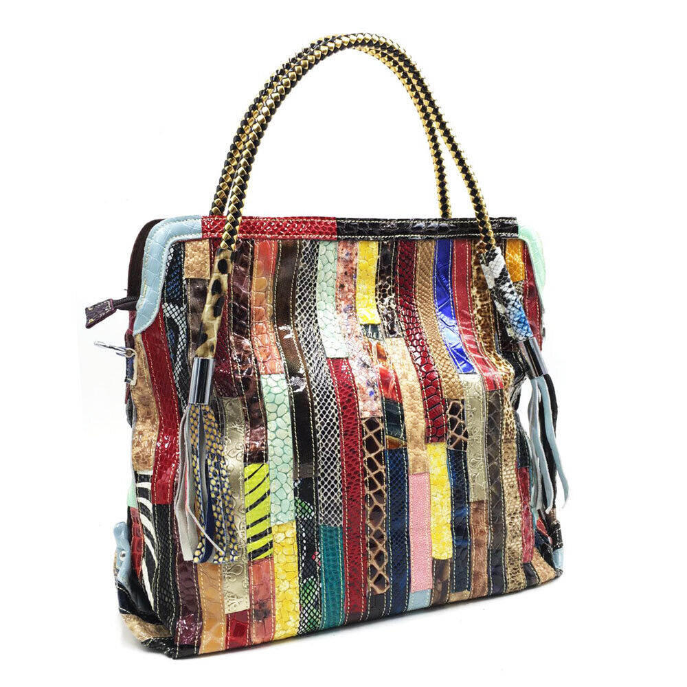 Multicolor Patch Real Leather Shoulder Bag Tote Handbag Purse Crossbody 2 Handle
