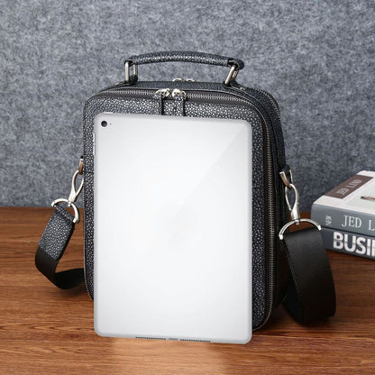 Black 100% Real Leather Shoulder Bag, Designer Pearl Fish Men's Business Handbag