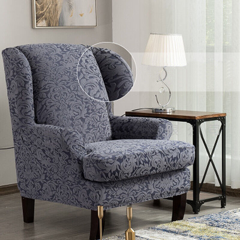 Wingback Chair Slipcover 2Piece Jacquard Damask Elastic Spandex Wing Chair Cover