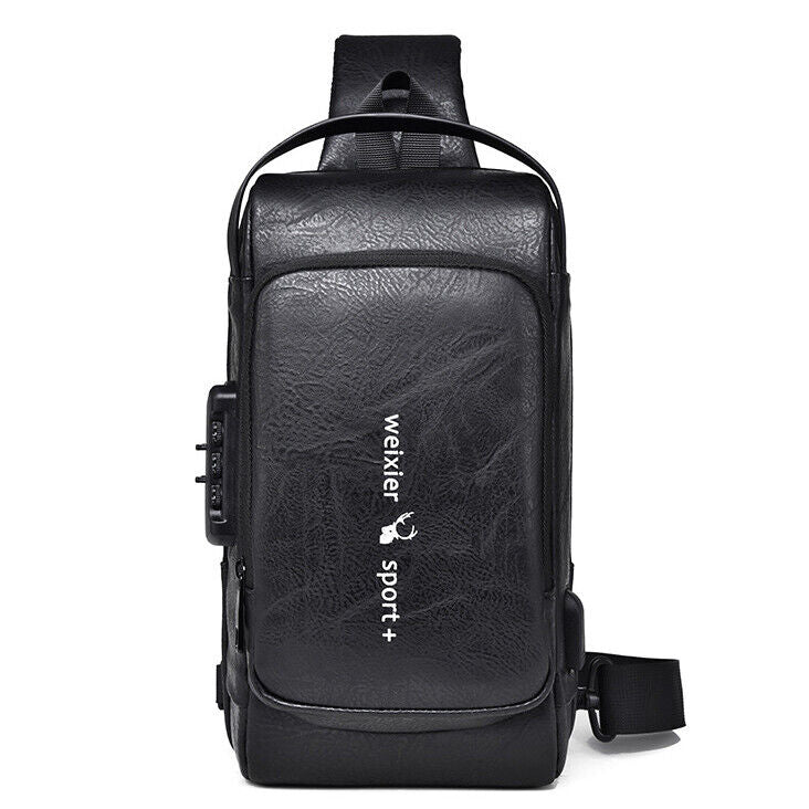 Top PU Leather Men's Crossbody Bag, Password Lock Sling Backpack Casual Daypack