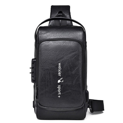 Top PU Leather Men's Crossbody Bag, Password Lock Sling Backpack Casual Daypack