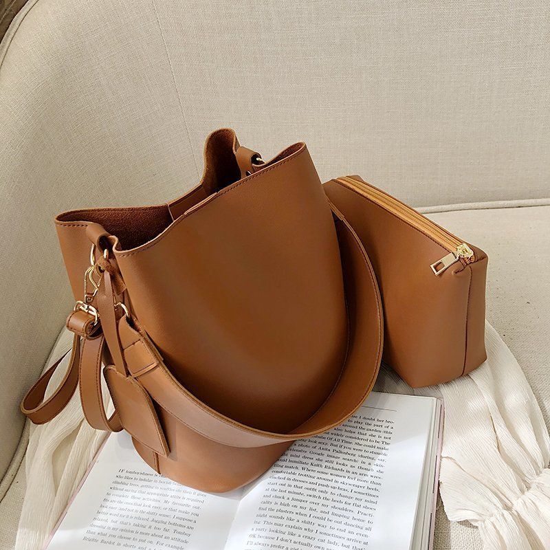 2pcs/set Leather Handbags Casual Tote Black Bucket Women Shoulder Crossbody Bag