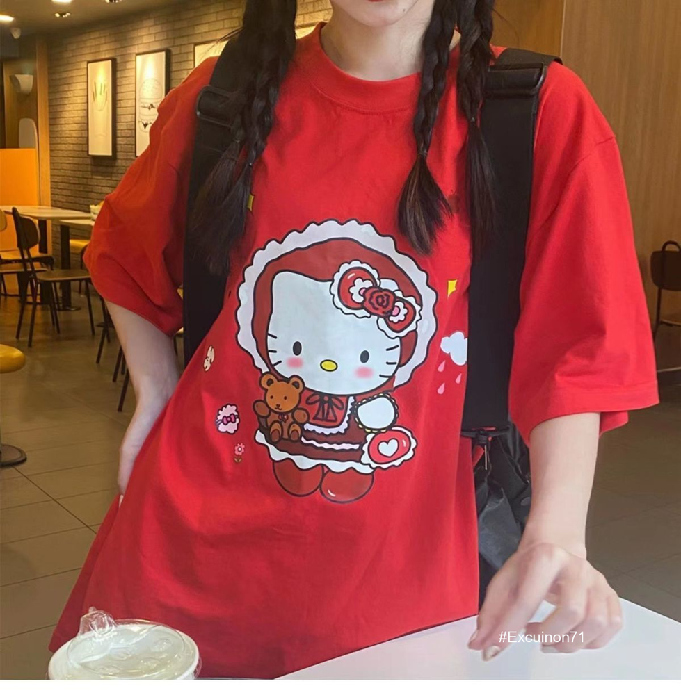 Vintage Y2K Womens Cute Hello Kitty Red Casual Short Sleeves Tops Loose
