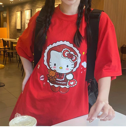 Vintage Y2K Womens Cute Hello Kitty Red Casual Short Sleeves Tops Loose