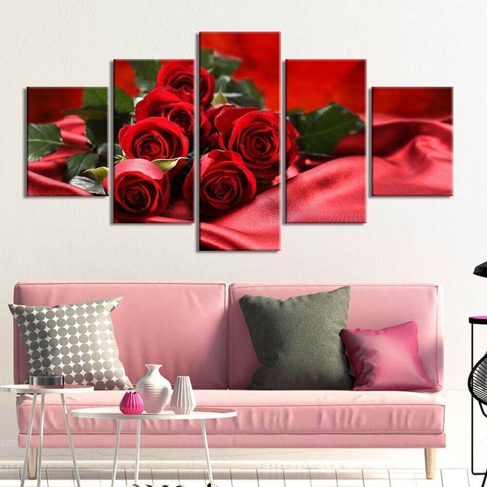 Red Rose Flowers 5 Pieces Canvas Print Wall Art Poster Home Decoration