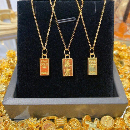 Real 24k Pure 999 Gold Pendant Necklace Luxury Gold Bricks Design Pure Chain