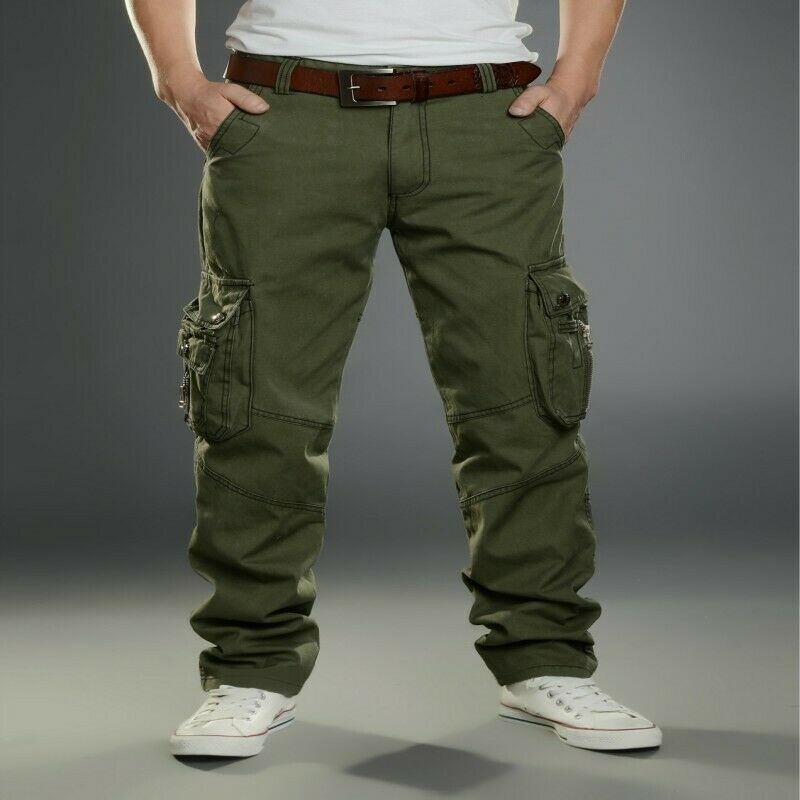 Men's Work Cargo Overalls Pants Casual Loose Fit Army Training Long Trousers New