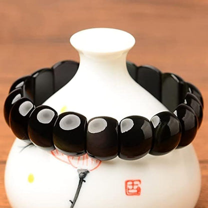 Women Bracelet Black Obsidian Crystal Flat Beads Stretch Hand Row Elastic String