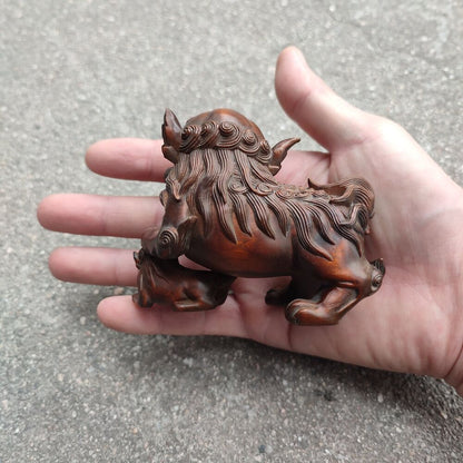 Chinese Wooden Animal Figurines Son Lion Statue Wood Carved Home Decor Sculpture