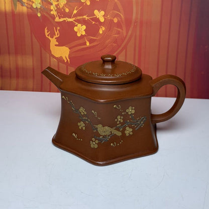 Vintage China Yixing Purple Clay Teapot Zisha Ceremony Painted Flower Bird Rare
