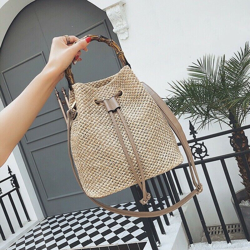Women Ladies Handbag Vintage Straw Summer Beach Handbag Bucket Tote Shoulder Bag