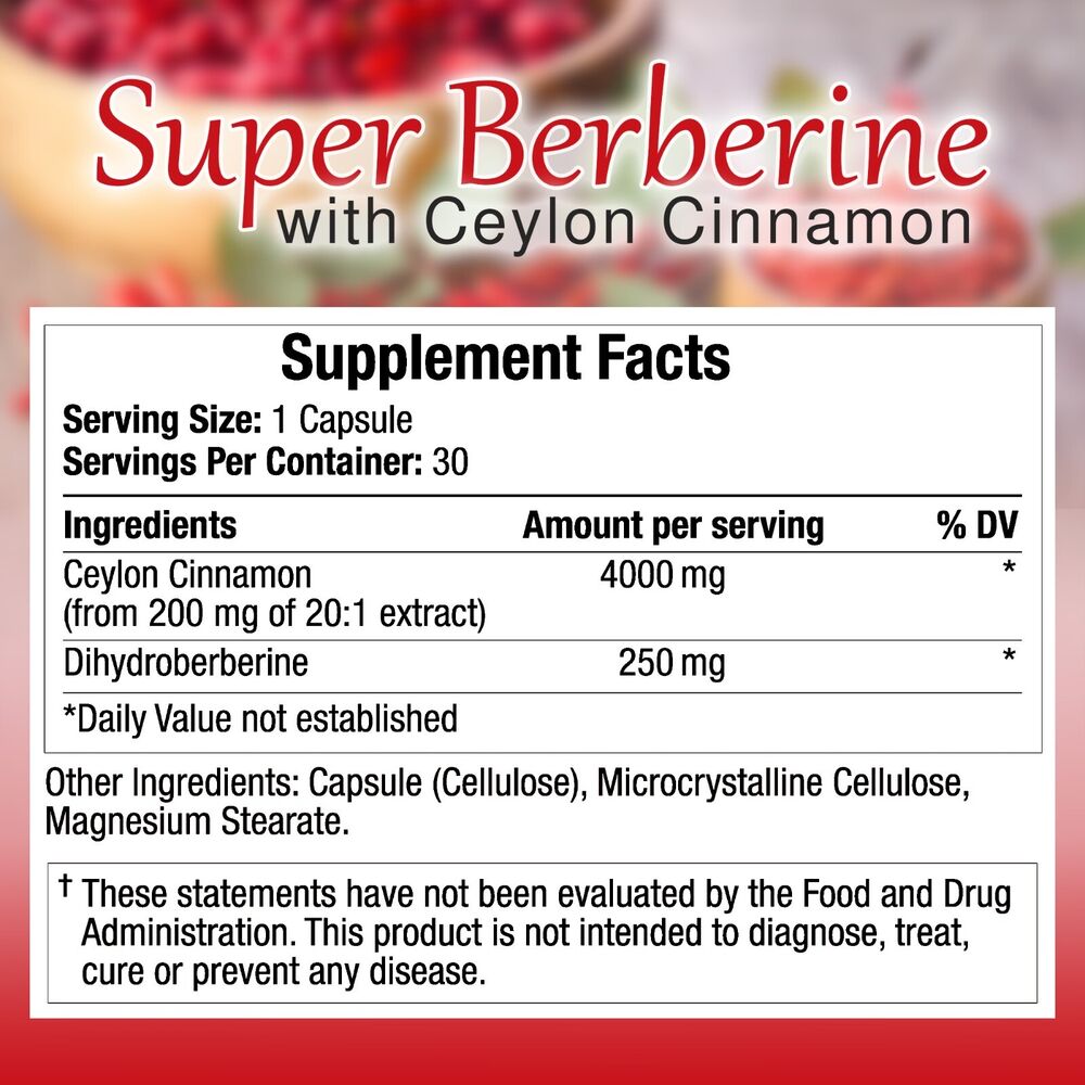100%Organic Berberine Ceylon Cinnamon Dihydroberberine, 4250 Mg 120Capsules