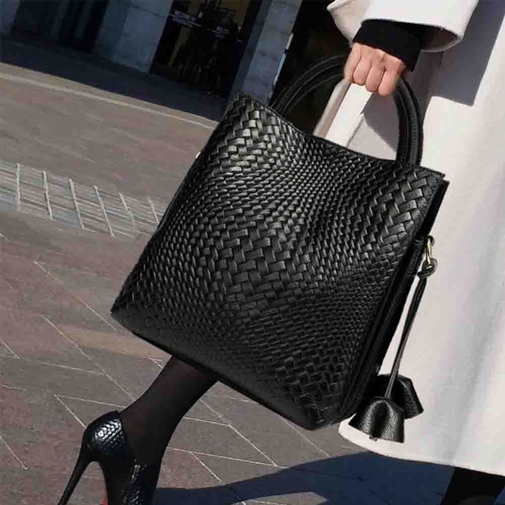 Fashion Bucket Bag Genuine Leather Handbag Purses Soft Casual Tote Bags Cotton