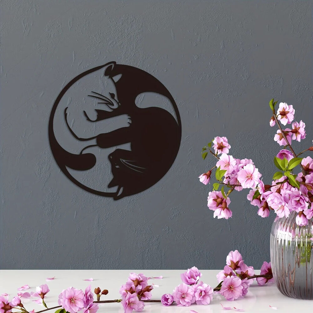 Metal Sign With Yin Yang Two Cats Wall Decor, Metal Wall Decor Sculptures