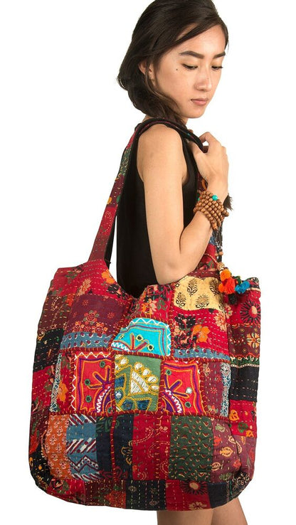 Large Shoulder Bag Red Quilted Embroidered Market Shop School Large,
