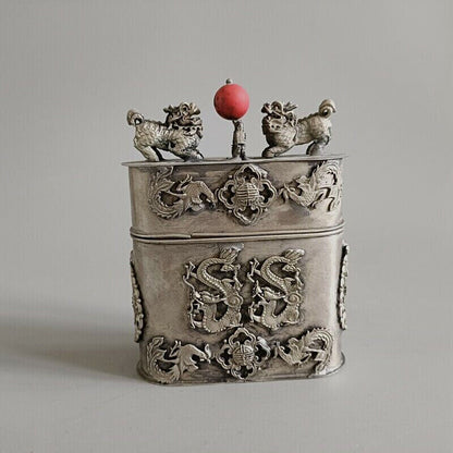 Exquisite Old Chinese tibet silver handcarved Dragon phoenix toothpick box