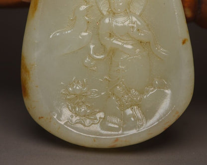 Chinese Natural Hetian Jade Carved Kwan Yin Statue Good Luck Pendant Jewelry Art