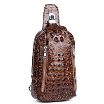 Sling Backpack Men's Genuine Leather Crocodile Crossbody Chest Bag Sport Daypack
