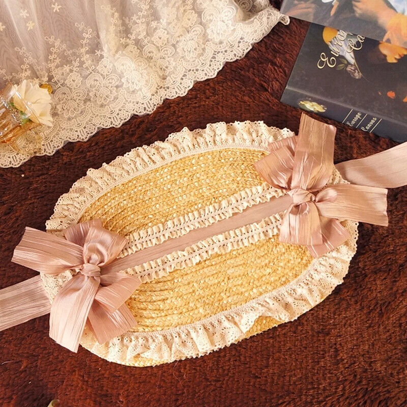 Women Lolita Hats Pastoral Style Flat Tops Lace Flower Ribbon Straw Beach Bonnet