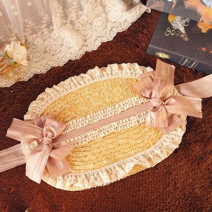 Women Lolita Hats Pastoral Style Flat Tops Lace Flower Ribbon Straw Beach Bonnet