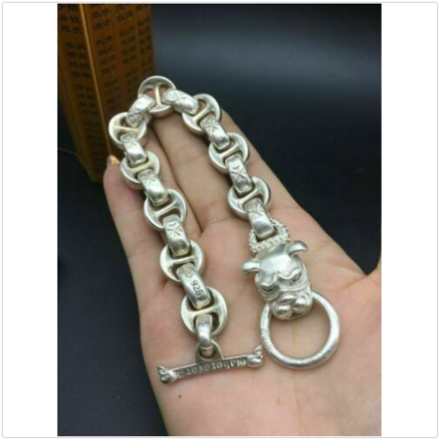 Asian chinese old miao silver hand cast dog statue bracelet jewel cool gift