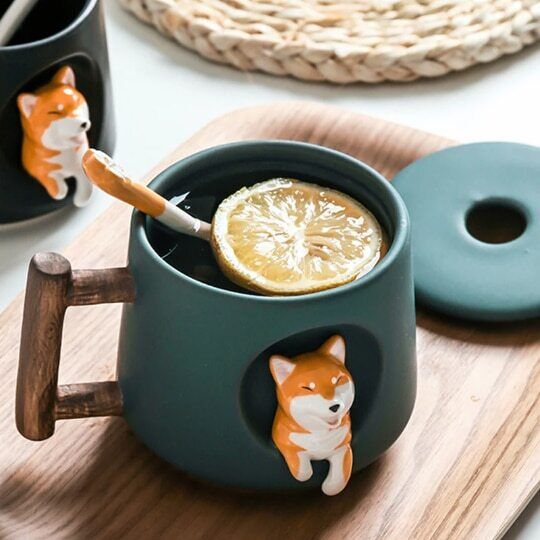 Ceramic Shiba Inu Mug with Lid Spoon Cute Dog Coffee Cup 420ml