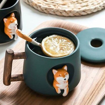 Ceramic Shiba Inu Mug with Lid Spoon Cute Dog Coffee Cup 420ml
