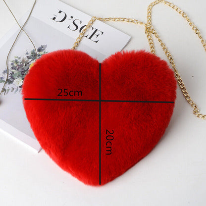 Womens Heart Shape Faux Fur Bag Shoulder Handbag Crossbody Bag Purse Zipper