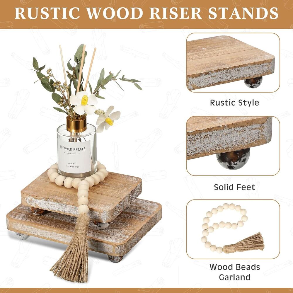 Wood Bead Garland and Wooden Risers Set Farmhouse Vintage Rustic Stand 3 Pieces