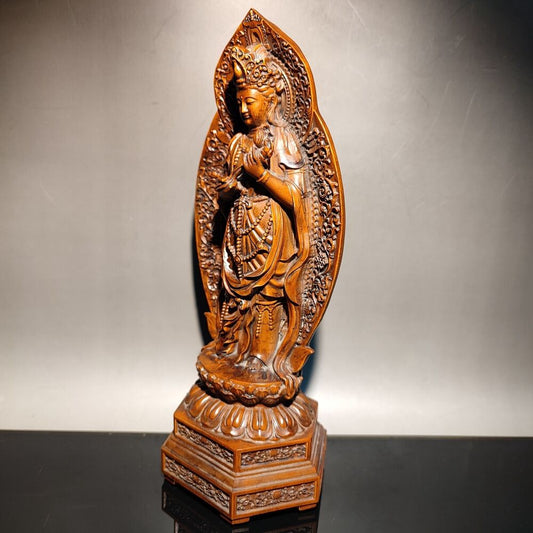 wooden statue carving decor sculpture Guanyin holding lotus Kwan-yin bodhisattva