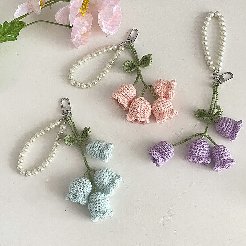 1Pc Flower Knitted Keychain Keyring Women Crocheted Wool Flower Leaf Bag Pendant