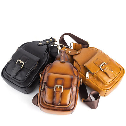 Men's Sling Backpack, 100% Cowhide Leather Vintage Chest Bag Crossbody Daypack