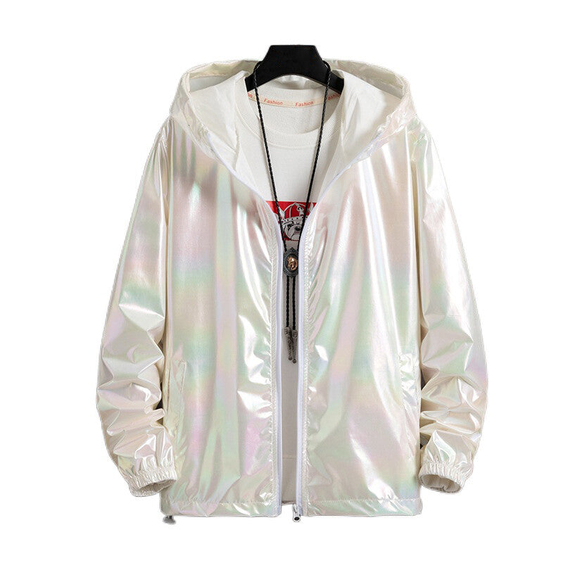 Women Men Hooded Coat Iridescent Shiny Holographic Jacket Top Fashion Hip Hop