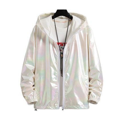 Women Men Hooded Coat Iridescent Shiny Holographic Jacket Top Fashion Hip Hop