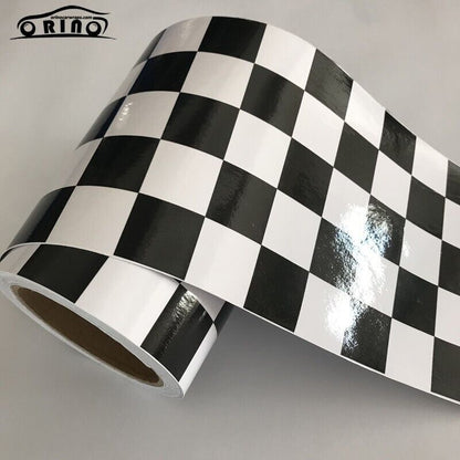 Car Vinyl Film Gloss Black White Checkered Racing Flag Foil Wrap Self Adhesive