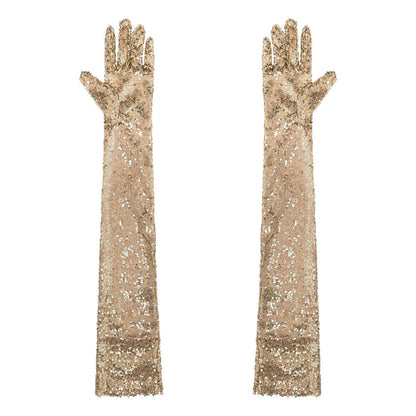 Women Gloves Vintage Shiny Sequin Finger Elbow Length Long Mittens Opera Costume