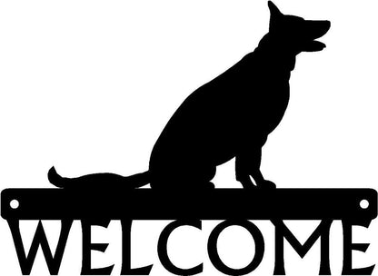Sitting German Shepherd Dog Welcome Sign - 12 inch Wide Metal Wall Art