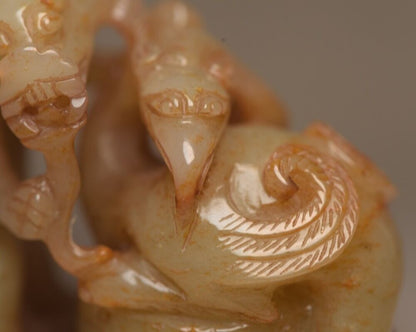 Chinese Antique Natural Hetian Jade Carved Dragon Phoenix 龙凤呈祥 Statue Figurines