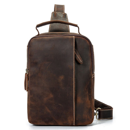 Men's Sling Backpack Crazy Horse Leather Large Capacity Chest Bag Crossbody Bag