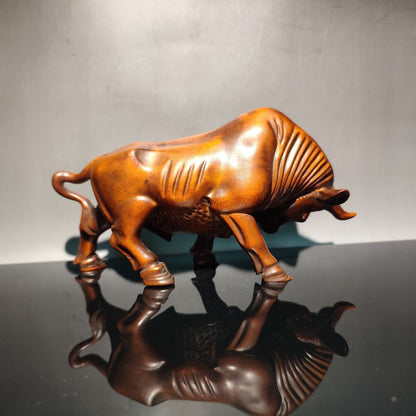 Chinese Boxwood Carving Wealthy Cow Bull Cattle Ox Statue Indoor Home Decor Gift