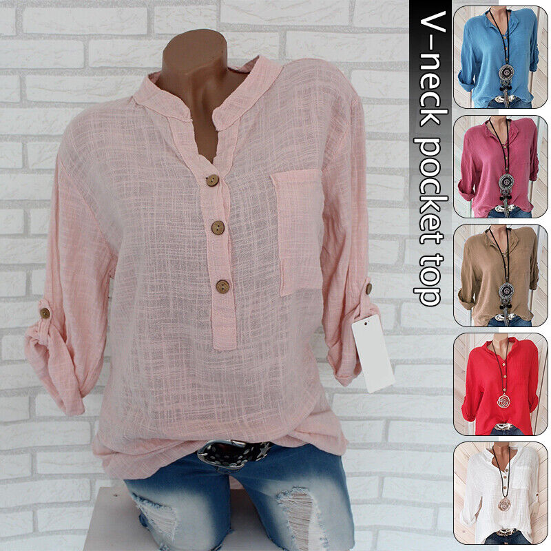 Womens Tunic Cotton Linen Pullover Blouse Tops Ladies Baggy Long Sleeve T-Shirt