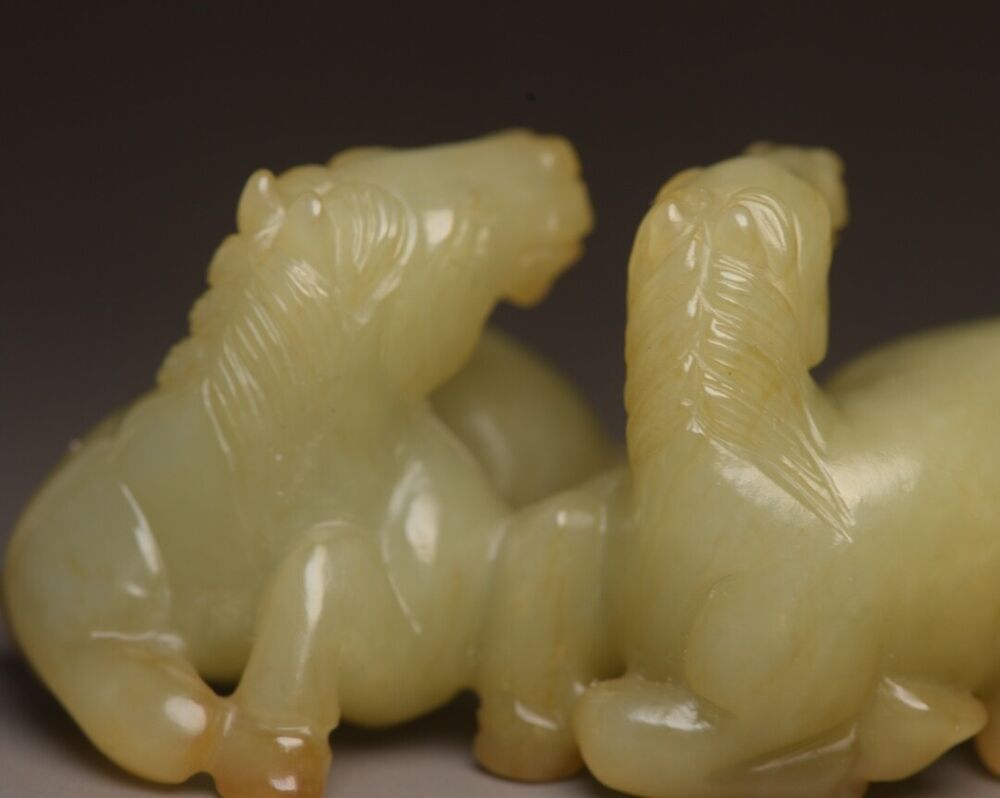 Chinese Natural Hetian Jade Carving Exquisite Pair Horse Statue Collectible Art