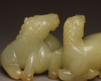 Chinese Natural Hetian Jade Carving Exquisite Pair Horse Statue Collectible Art