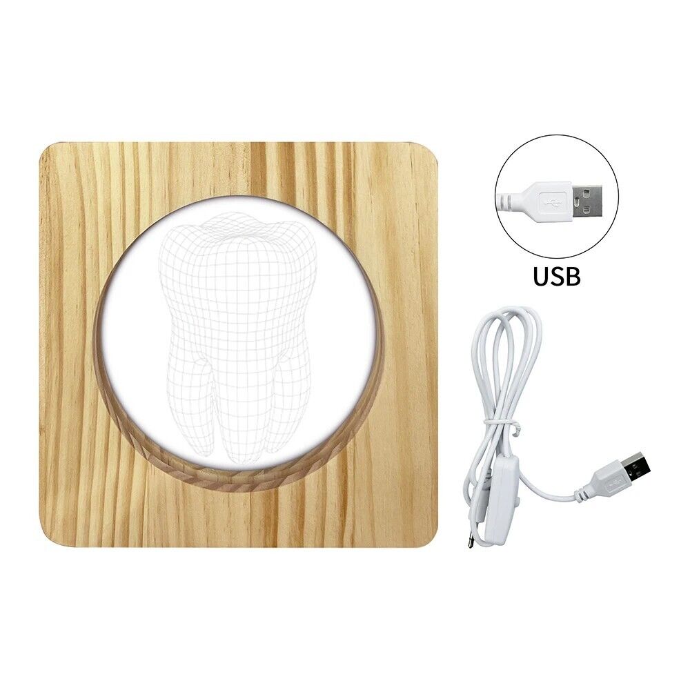 Table Lamps Wood 3D Tooth Shape Creative LED Light USB Kids Baby Birthday Gifts