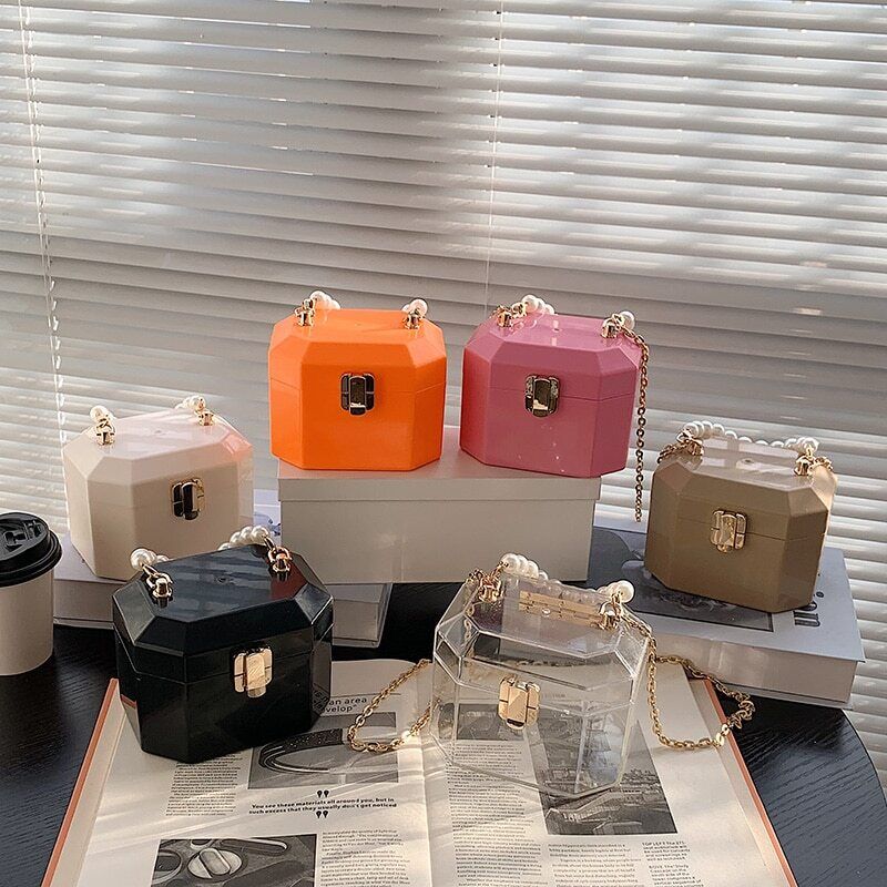 Box Handbags Women Pearl Beads Decor Lock Chain Shoulder Bag Purses Bag