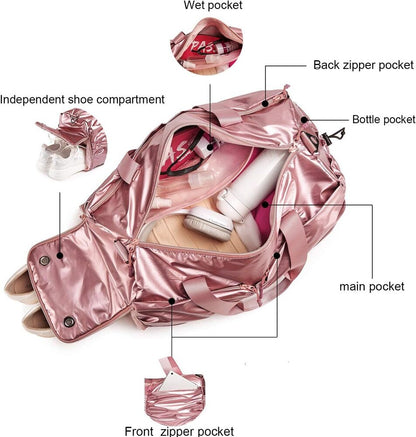 Metallic Women Stylish Gym Duffle Bag School,Ballet Dance for Rose gold