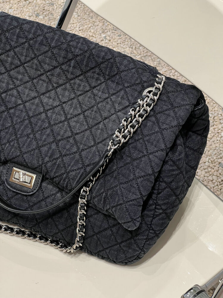 Large Quilted Denim Shoulder Bag Flap Purse Double Chains Hobo Fashion Tote