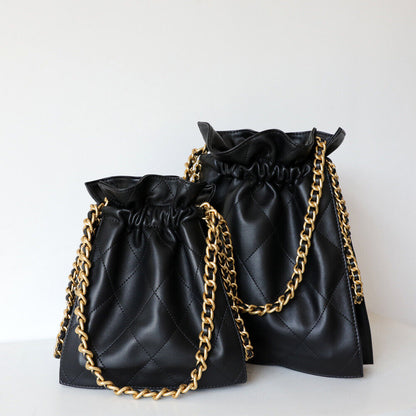 Quilted Real Leather Drawstring Bucket Shoulder Bag Purse Crossbody Handbag Tote