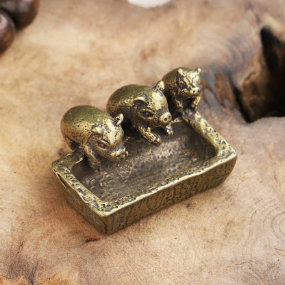 Chinese Antique Pure Copper Tea Pet Three Little Pigs Drinking Water Ornaments
